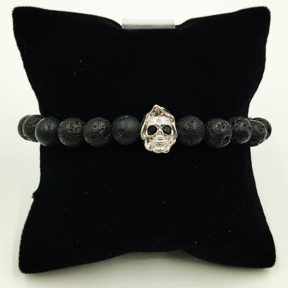 Genuine Lava rock gold plated cz skull bracelet - Picture 4 of 8